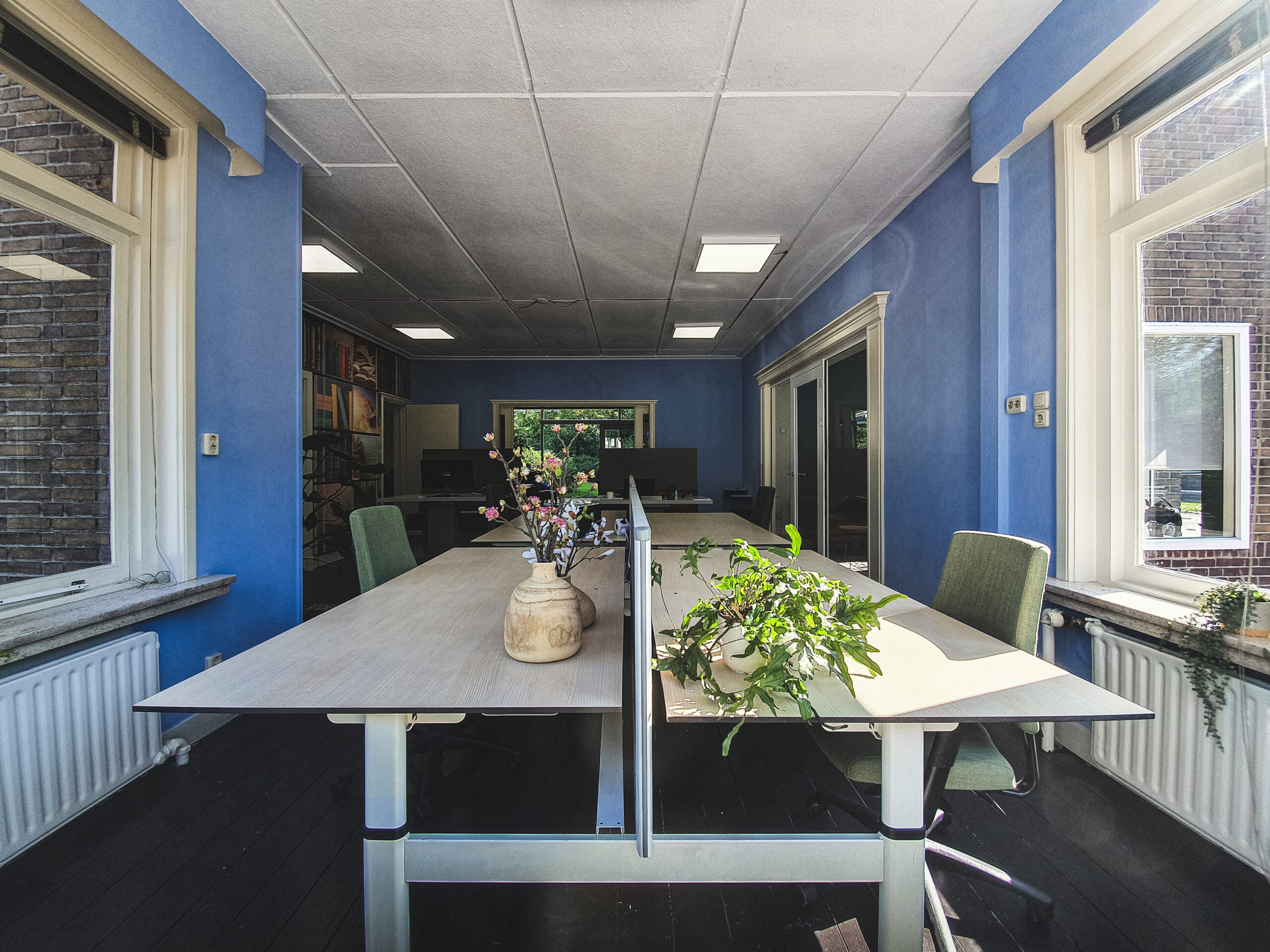 Kantoor met blauwe wanden en werkplekken aan een lange tafel
