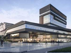 Moderne kantoorgevel met glazen entree van EDGE Fellenoord