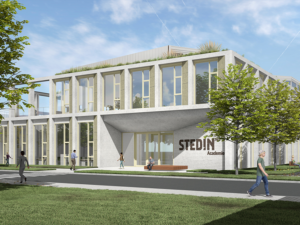 Impressie van de bedrijfsacademie van Stedin met groen dak